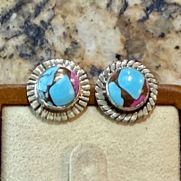 Southwestern Cotton Candy Turquoise Round Stud Earrings Sterling Silver New - Picture 1 of 4